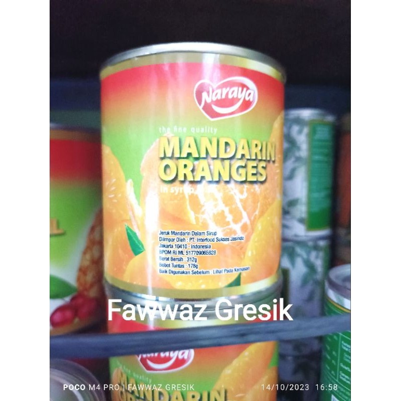 

Sega Tungtung Jeruk Mandarin Kaleng / Naraya Mandarin Orange In Syrup 312Gr / Buah Jeruk Mandarin