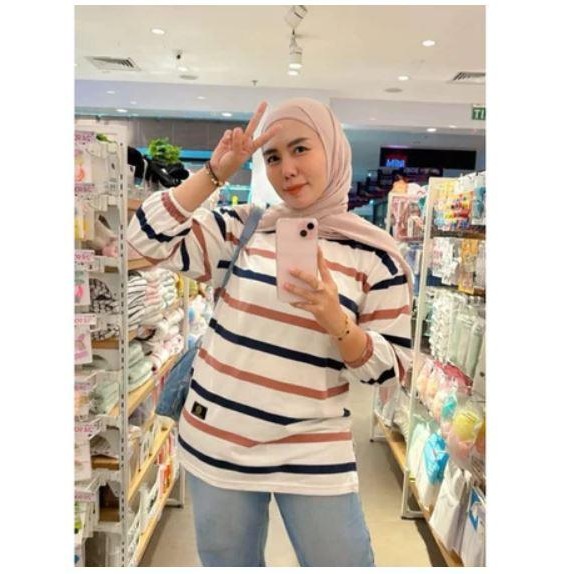 PREMIUM Baju Jumbo Wanita Lengan Panjang Kerut Garis Garis / Kaos Salur Oversize Wanita Salur Bahan