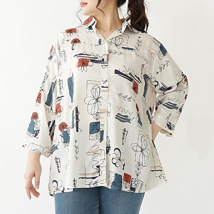 PREMIUM Kemeja wanita jumbo big size / kemeja rayon motif LD 130cm