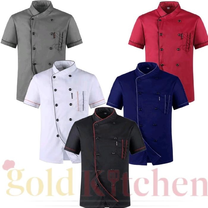 Tamam.storee Baju Koki Chef Jacket Baju Chef Seragam Koki Pria Wanita Lengan Pendek Gold Kitchen Abu