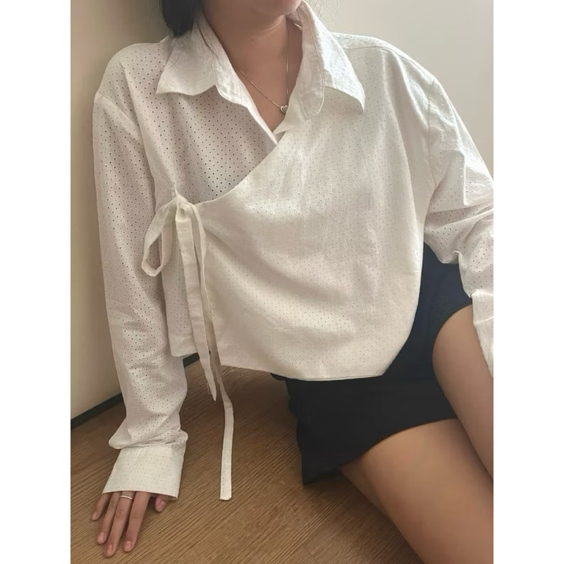 Pola Mewah Atasan Kemeja Lengan Panjang Crop Hanbok Inspired Dengan Pita Samping Korean Style Wanita