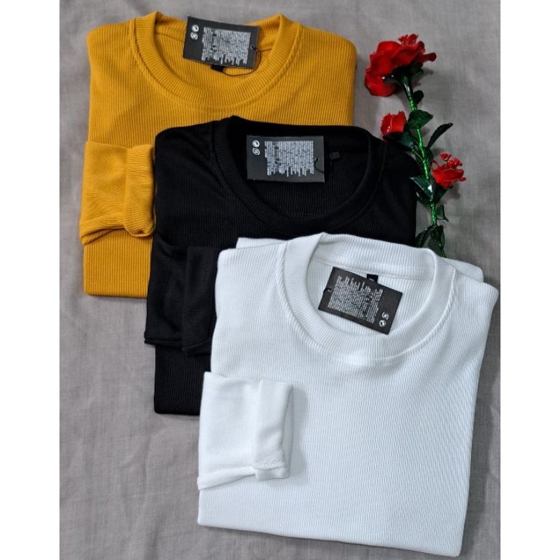Pola Mewah Baju Kaos Atasan Polos Wanita Pria Lengan Panjang -Kaos Rib Premium Lengan Panjang - Kaos