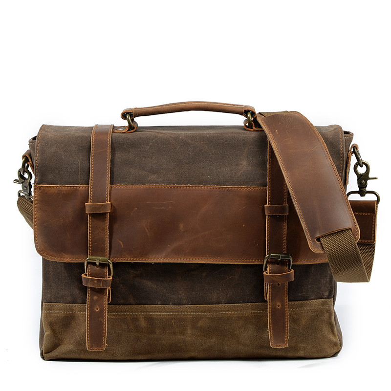 Crazy Horse Leather Canvas Messenger Bag Laptop Briefcase Handbag Waterproof Vintage Crossbody