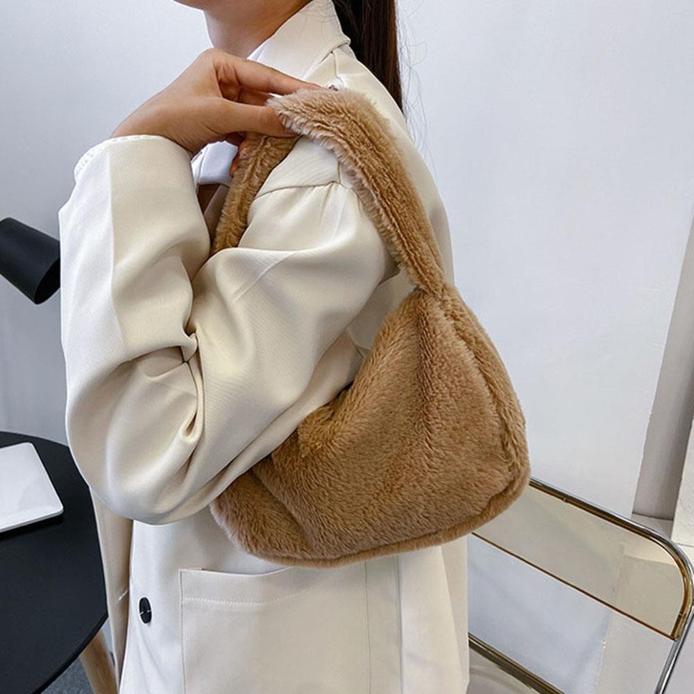 Y2K Soft Fur Shoulder Bag For Women Plush Handbags Solid Color Shoulder Underarm Bag For Girls Hobos