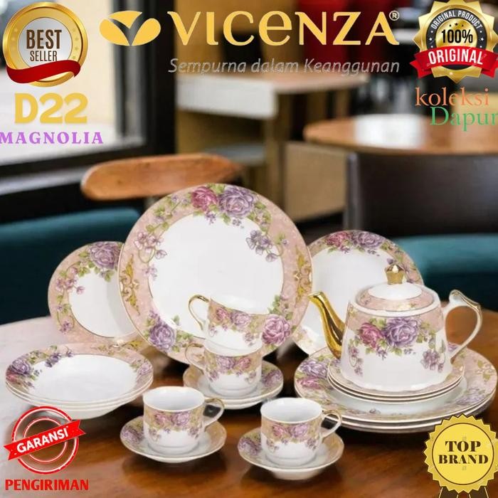 

D22 Magnolia Dinner Set VICENZA terdiri dari piring besar, sedang dan piring kecil, cangkir, teko