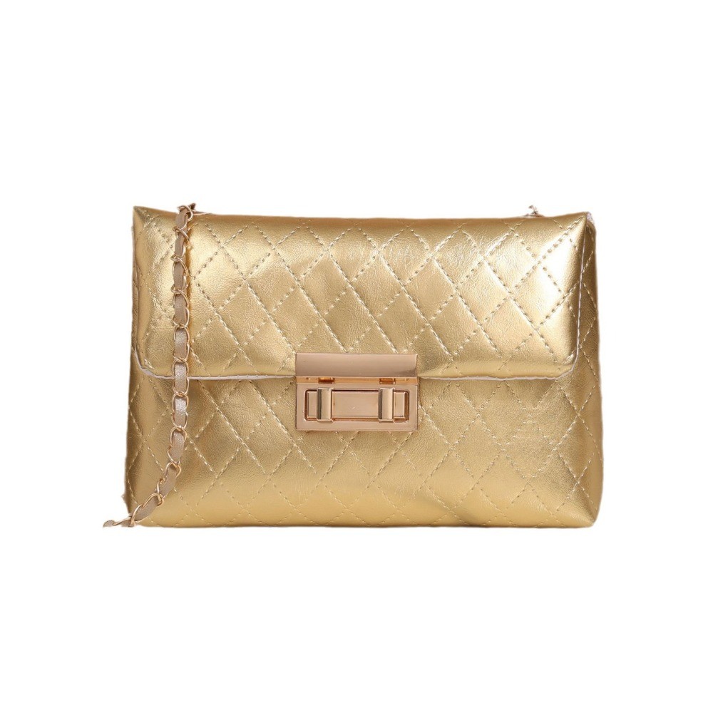 Women'S Fashion Gold Quilted Crossbody Bag - Luxury Imitation Leather Strap Chain Strap, Magnetic