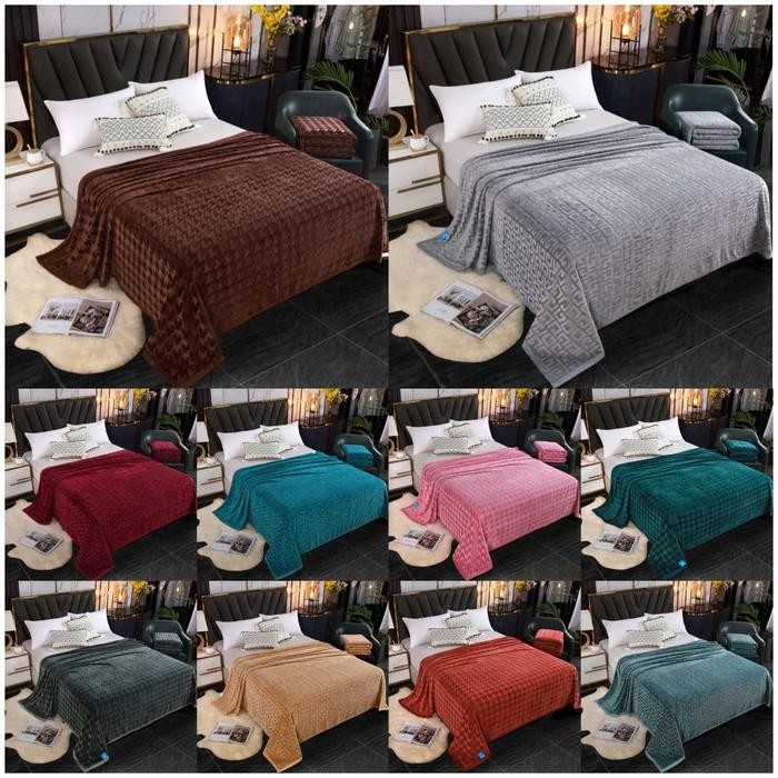 SELIMUT BULU FLANEL LEMBUT TEBAL IMPORT POLOS WARNA MOTIF EMBOS