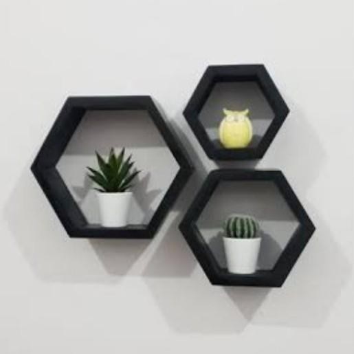 PAKET 3 Pcs Hexagonal Kayu, Dekorasi dan Rak Dinding, Kaca Hexagonal