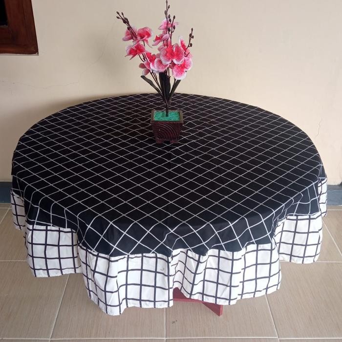 (Allthebest) Taplak Meja Bulat Kain Katun Model Rumbai Motif Bunga Batik Elegant Modern Diameter 150