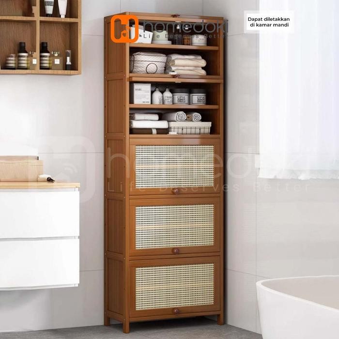 Homedoki - Lemari Buku Minimalis Tertutup Kayu/Lemari Sepatu Bambu/Lemari Penyimpanan Bambu