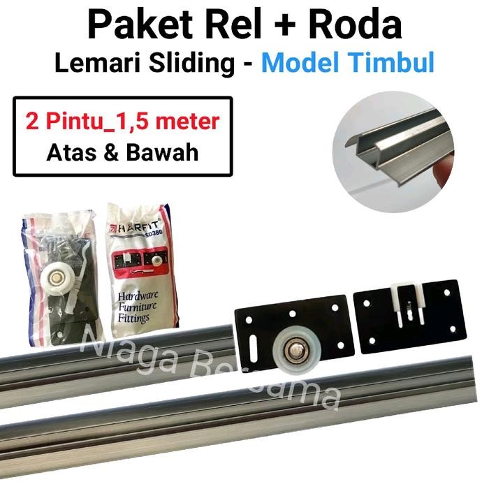 PREMIUM Rel Sliding Lemari 2 Pintu 1,5 Meter Model Timbul Plus Roda Geser SD 380 Harfit