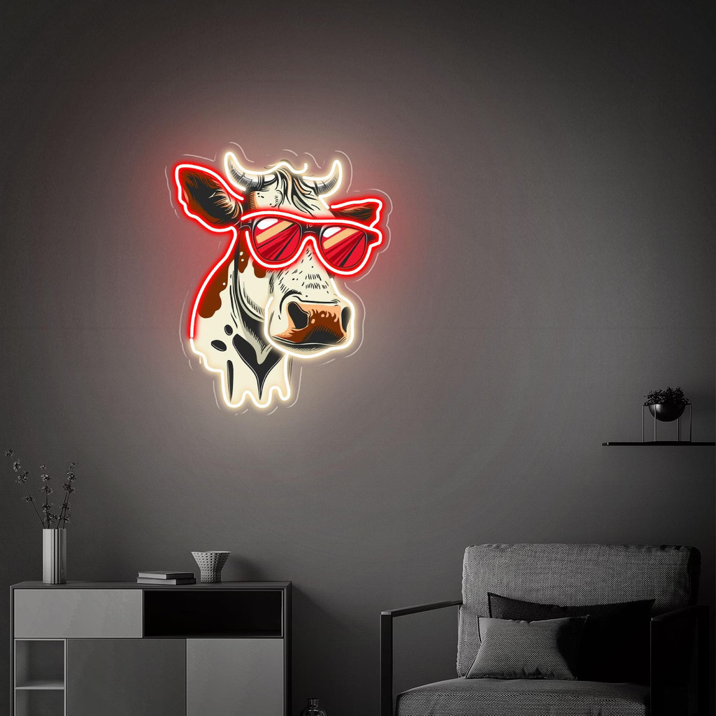 Cartoon Cow Uv Printed Neon Sign, Cow With Cool Sunglass Neon Sign, Home Bedroom Decor, Farm Cow