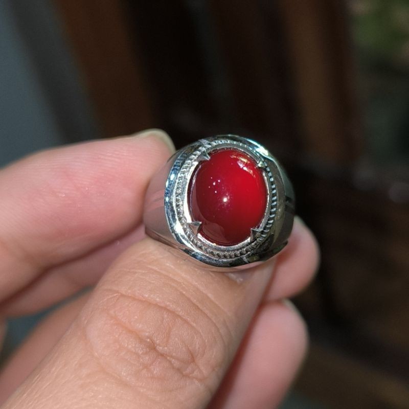 Cincin Batu Akik Natural Red Baron Pacitan Asli Merah Darah Ring Monel Doff Perak Handmade Elegan