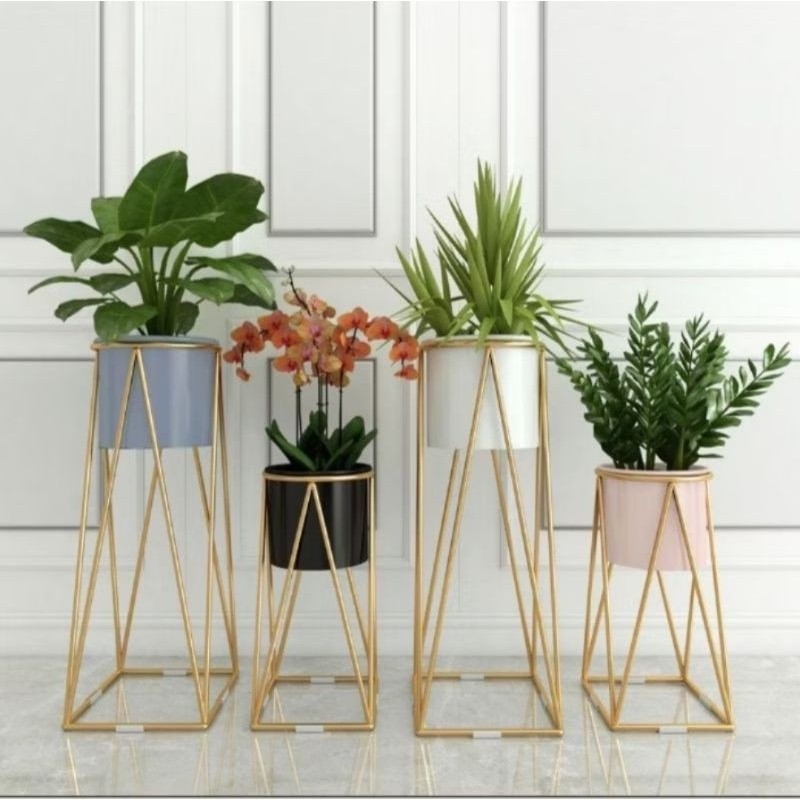 Pinan Shop [Gmtrc]- Standing Pot Bunga Besi 1 Set Hitam Putih Gold / Standing Pot Bunga Besi
