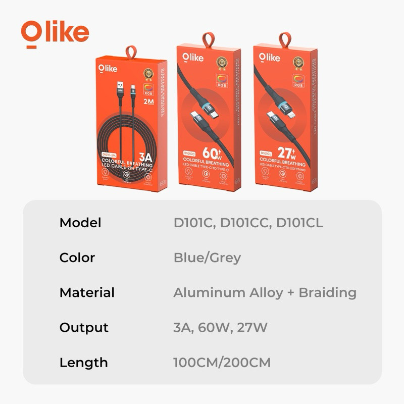 Olike Kabel Data D101M / D101L / D101C / D101CC / D101CL Charger Fast Charging LED MICRO USB TYPE-C