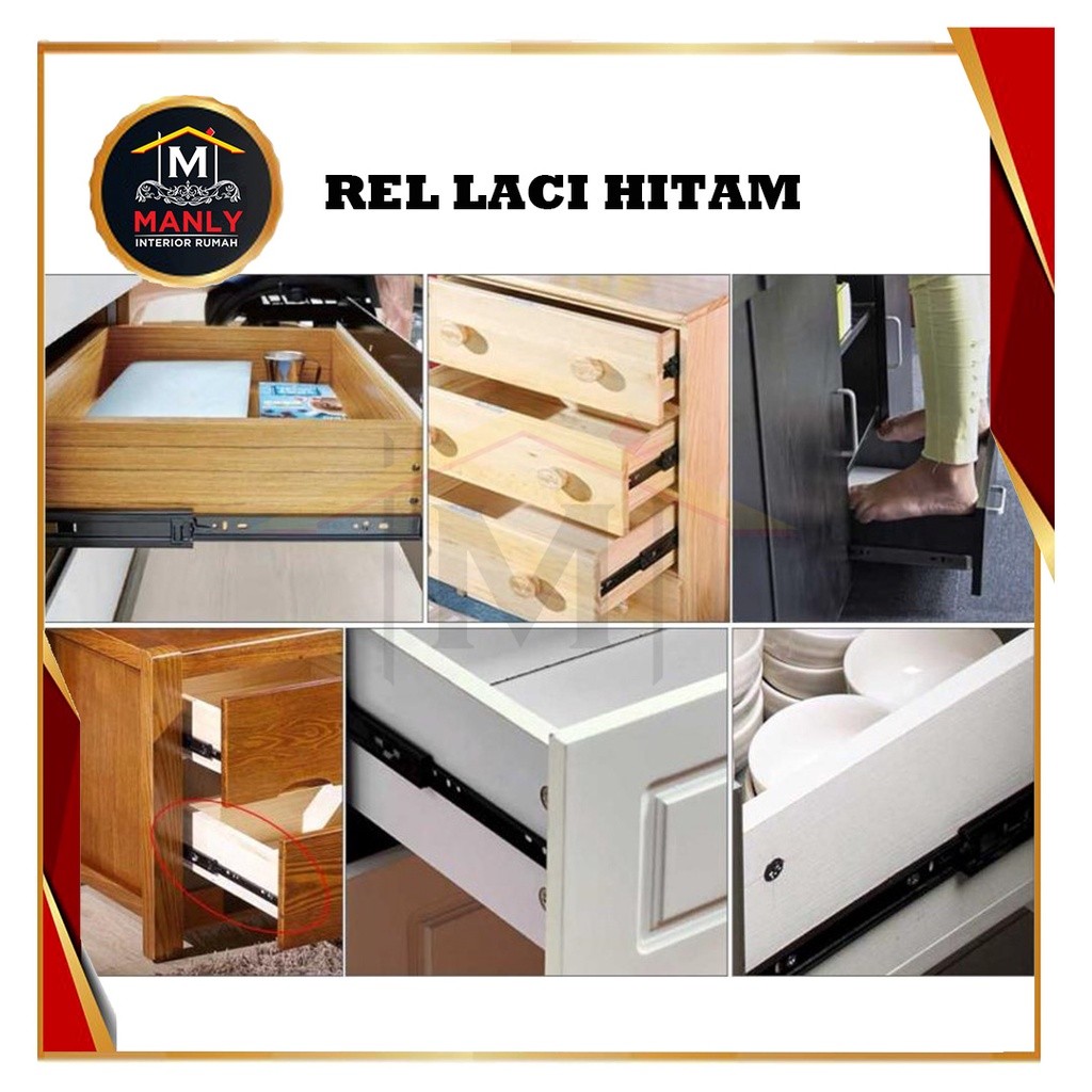 Rel Laci (Hitam) 40 Cm 1 Set (2 Pcs) Double Track Mapla Full Extention 3,5cm ( 2x Tarik) Free Skrup