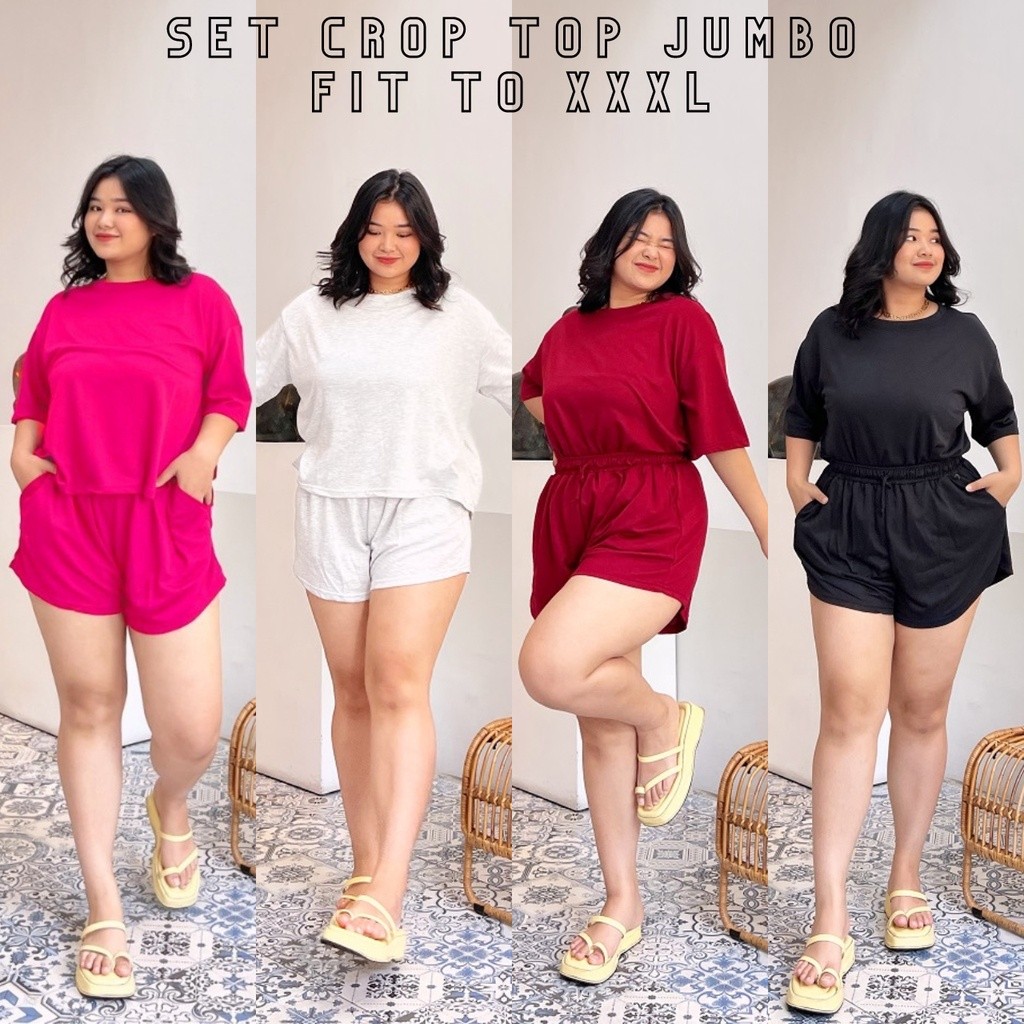 Set Crop Top Jumbo Polos Wanita Setelan Crop Bigsize Set Crop Bahan Babyterry WE