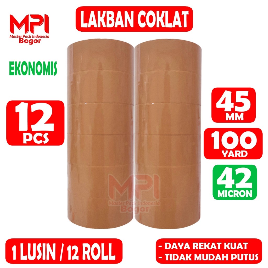 

1 LUSIN [ 12 ROLL ] Lakban Coklat Ekonomis 45 mm x 100 Yard / Lakban Packing Paket - Master Pack