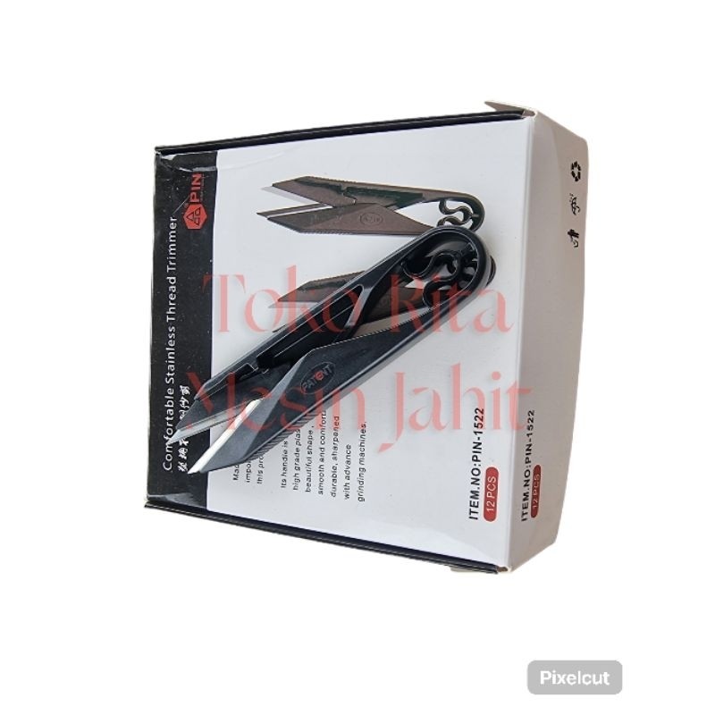 

Satu lusin isi 12 pcs gunting buang benang merk PIN-1522, gagang plastik hitam