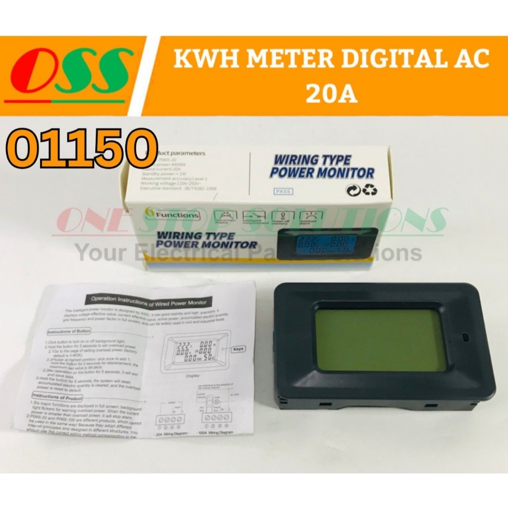KWH Meter Digital AC 20A Wattmeter Voltmeter Ammeter Energi LCD Combo