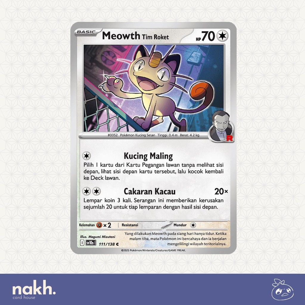 Kartu Pokemon TCG Indonesia Kehadiran Juara sv10s 111/138 Meowth Tim Roket