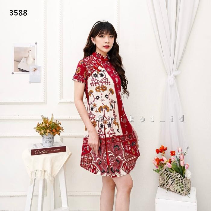 Couple Batik Ern Wanita Kemeja Pria / Cheongsam Dress Batik Merah