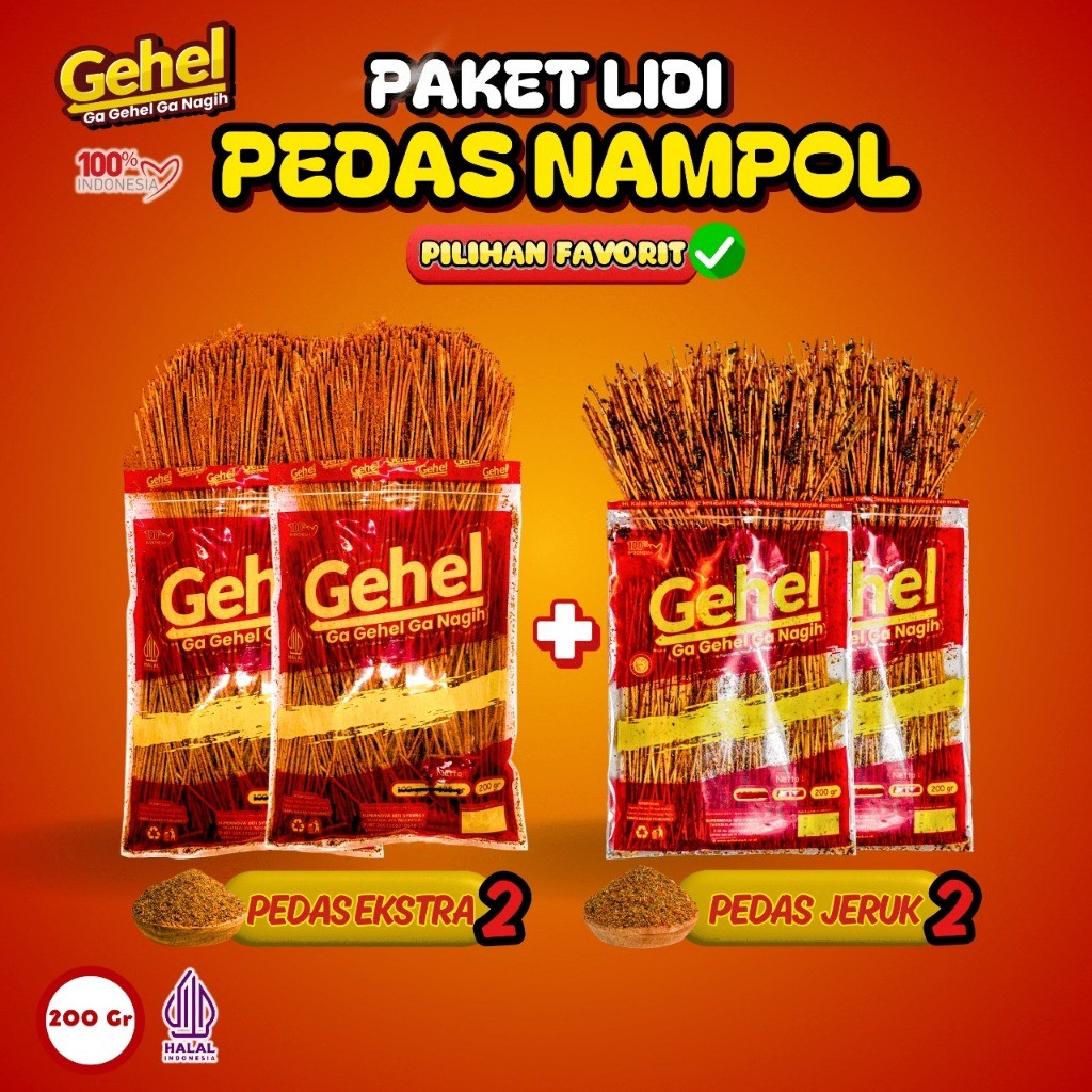 

Lovely Back - GEHEL PAKET PEDAS NAMPOL Mie Lidi (2 Pedas Ekstra, 2 Pedas Jeruk)- Makanan Ringan