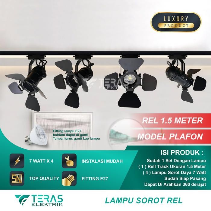 Paket Lampu Sorot Rel 1.5 Meter 1 Set Isi 4 Lampu / lampu sorot mini studio