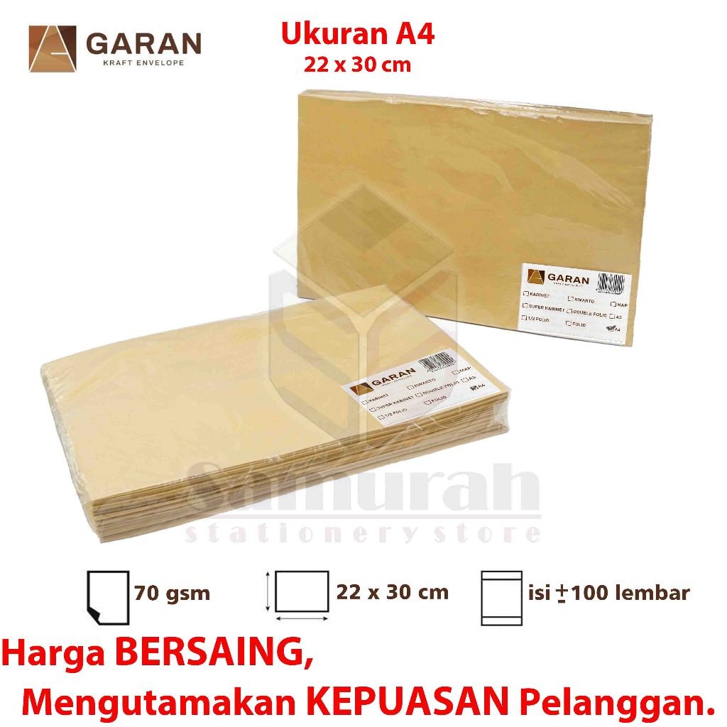

Amplop Kertas Coklat GARAN Ukuran A4 22 x 30 cm / Amplop Dokumen 22x30 1 Pak Isi 100 Lembar Tebal 70