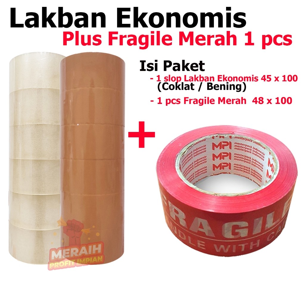 

Paket Hemat ECO - 1 SLOP Lakban Coklat - Bening MPI 45 mm x 100 yard + 1 Pcs Lakban Fargile 48 x 100