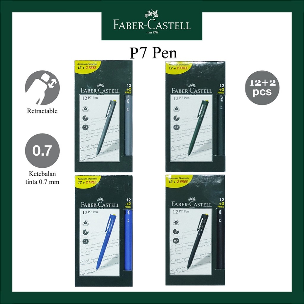 

Pulpen Ballpoint Faber Castell P7 / Black / Grey / Hunter Green / Royal Blue / Per Box Gratis 2 Pcs