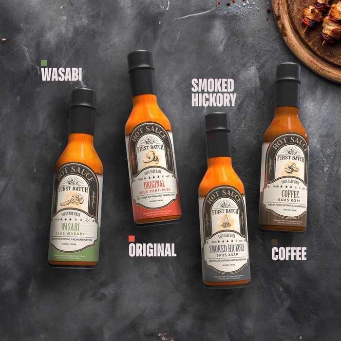 

First Batch Hot Sauce Saus Pedas Halal Vegan Enak Rasa Original Asap Wasabi Kopi BPOM 50 mL