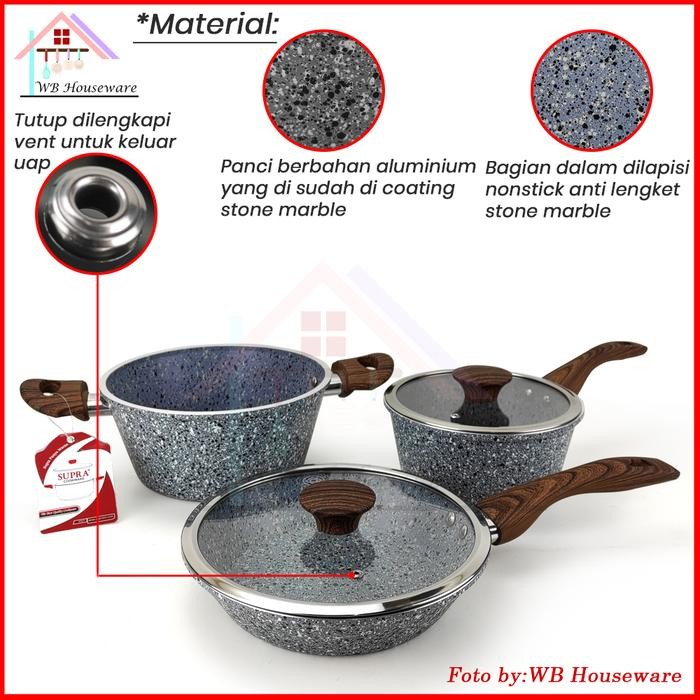 Supra 5Pcs Cookware Set Granite Stone Series / Panci Set Anti Lengket / Wajan Masak #Gratisongkir