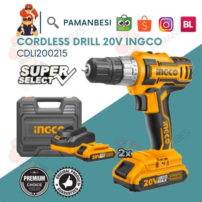 MESIN BOR CORDLESS 20V BATERAI INGCO 2 BATTERY 1 CHARGER CDLI200215