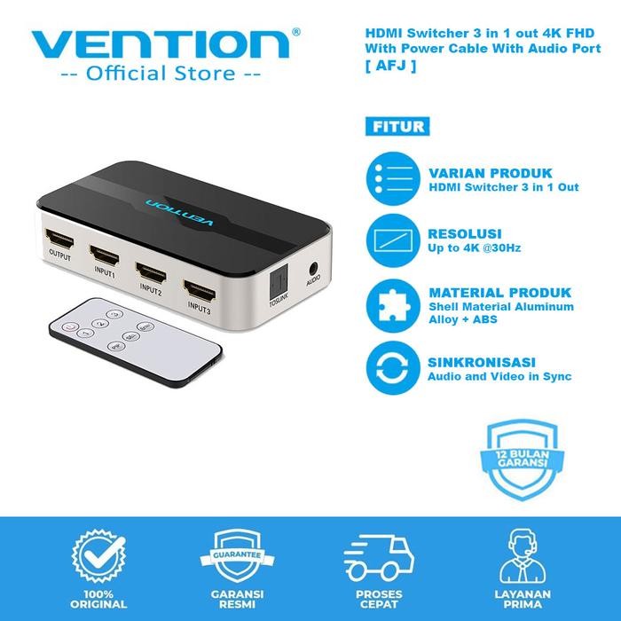 Vention AFJ HDMI Switcher 3 Input 1 Output Aux Optical