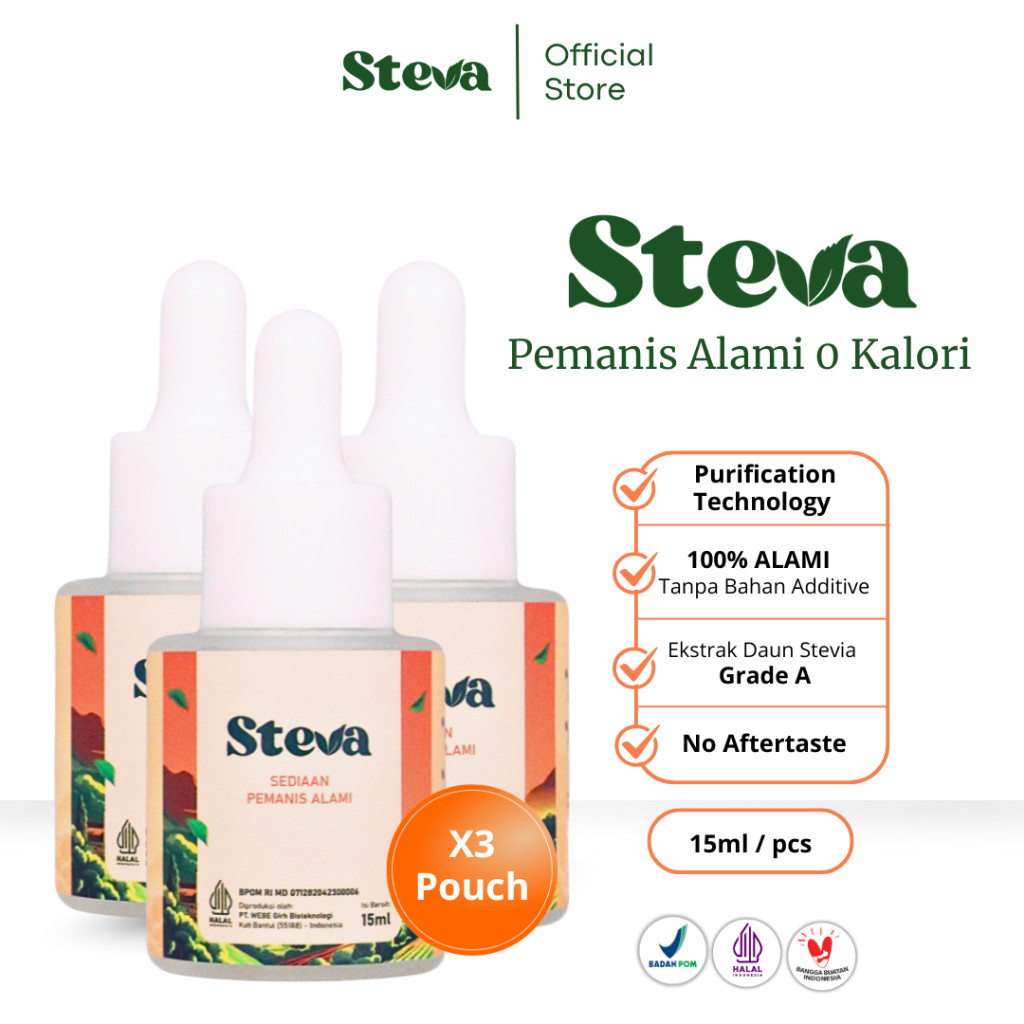 

STEVA GULA STEVIA TETES ORIGINAL 0 KALORI BPOM & HALAL MUI - 15 ML ISI 3 PCS TERLARIS