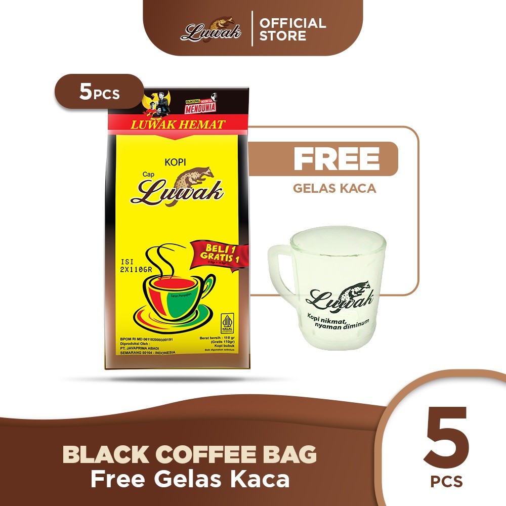 

KOPI LUWAK SUPER HEMAT BLACK COFFEE BAG 110GR+110GR 5 PCS - FREE GELAS KACA TERLARIS