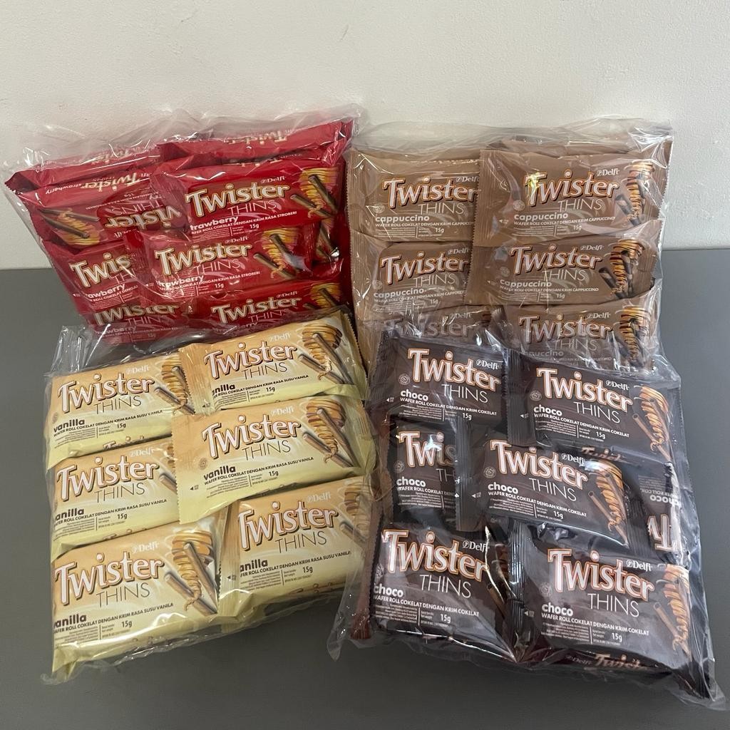 

DELFI TWISTER THINS 15 GR ( 1 BAG / 12 PC ) / BISKUIT TWISTER THINS / SNACK RASA VANILA / COKLAT /