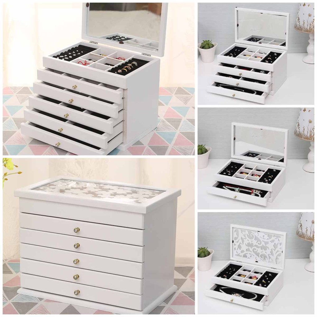 Kotak Perhiasan Kayu Besar Multi-lapis Berongga/dengan Cermin Tampilan Perhiasan Peti Mati Anting Ci