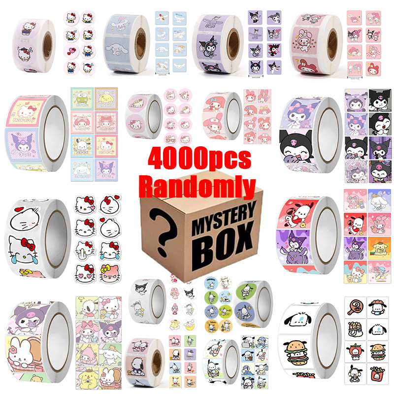 4000 Buah/8Rol Sanrio Stiker Kotak Buta Hello Kitty Kuromi Cinnamoroll Melody DIY Laptop Ponsel Diar