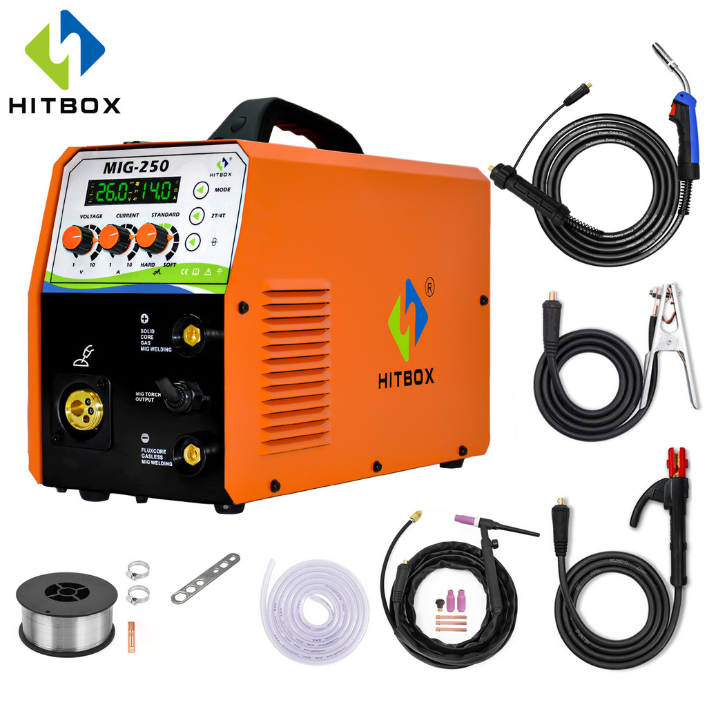 HITBOX Mig Welder 220V Tampilan Digital Kontrol Tepat MIG-250 MIG ARC TIG 3 In 1 Mesin Las Gas Tanpa
