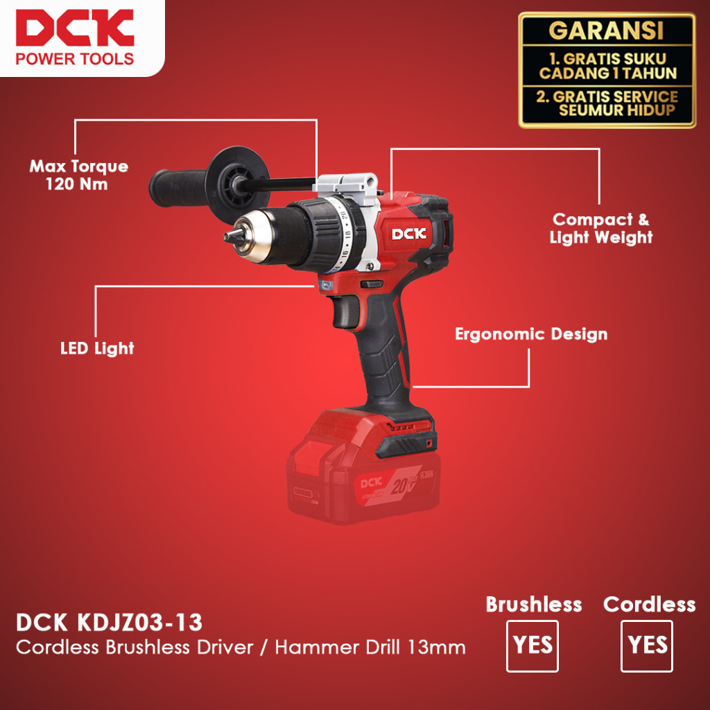 DCK KDJZ03-13 Cordless Brushless Driver / Hammer Drill 1m