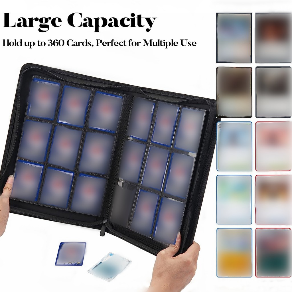 

9 Pocket Trading Card Binder, Pu Cover Zipper Card Collection Album, Sturdy 360 Side-Loading Card