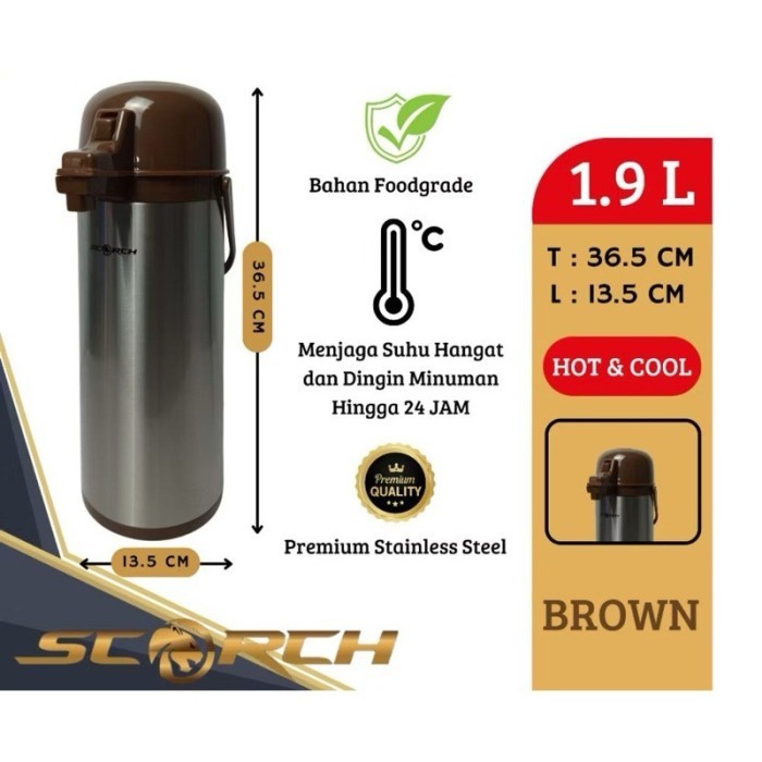 Termos Air Panas Pencet Scorch 1,9 Liter/Termos Air Panas 1,9 Liter Stainless Steel -Gratisongkir