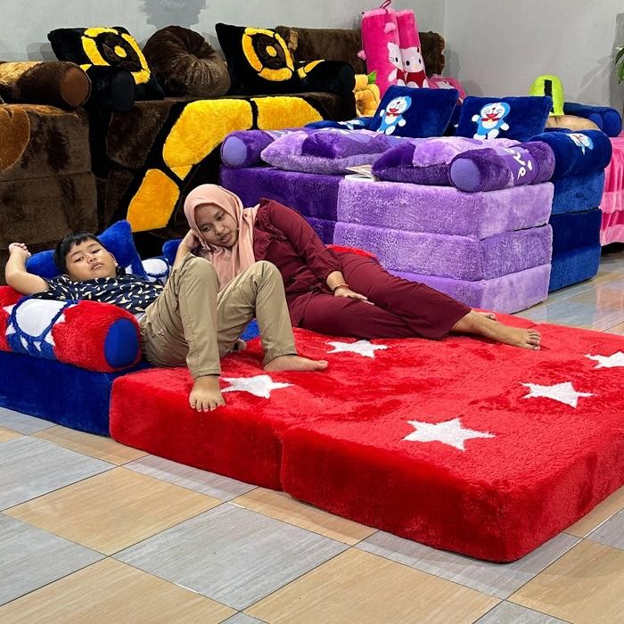 PREMIUM Sofabed Kasur Lipat Tiga Sofa Kursi Bahan BuLu Rasfur Motif Karakter Anak 150x200x10
