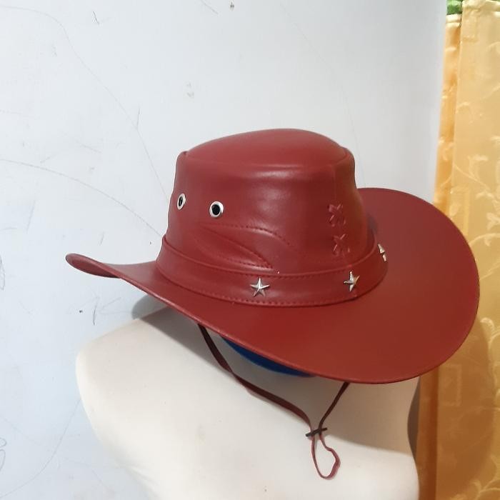 Topi Koboi Koboy Cowboy Coboy Coboi Laken Kulit Asli Garut Warna Merah