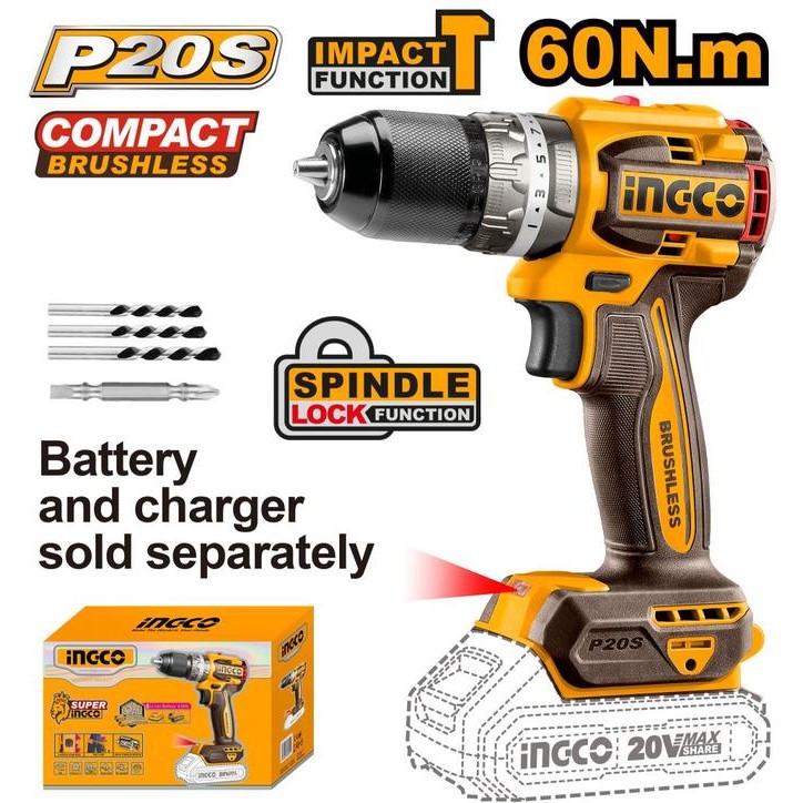 Bor Impact Cordless 13mm Brushless INGCO CIDLI20602 - UNIT ONLY