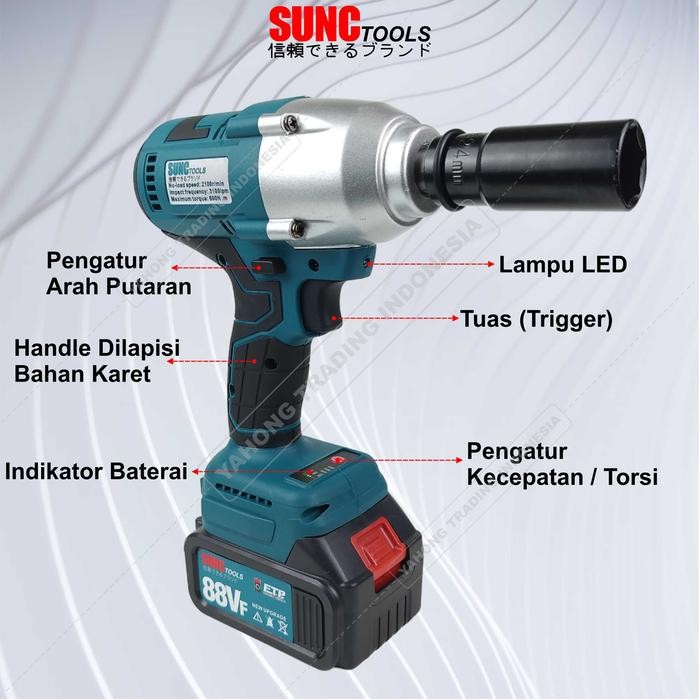 SUNC TOOLS Mesin Impact Wrench Baterai Kunci Shock Pas 88V 88Vf
