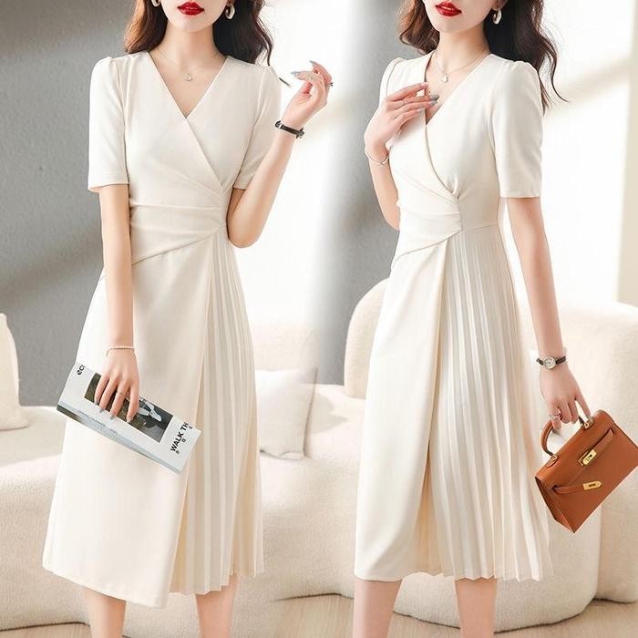 Dress Midi Simple Casual Plisket V Neck Lengan Pendek Wanita Gaun Pesta Import Dress Putih Polos