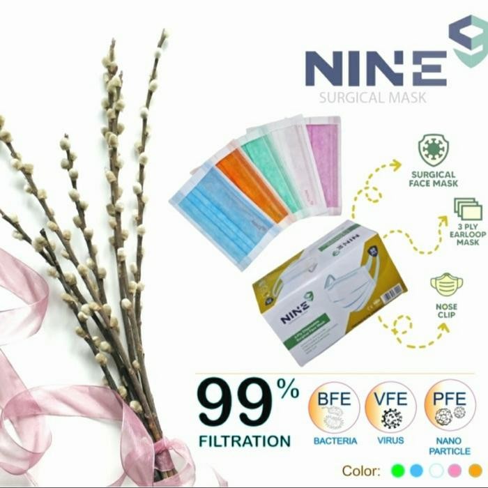 NINE MASKER SURGICAL FACE MASK 3 PLY MODEL TALI LEBAR ISI 50PCS